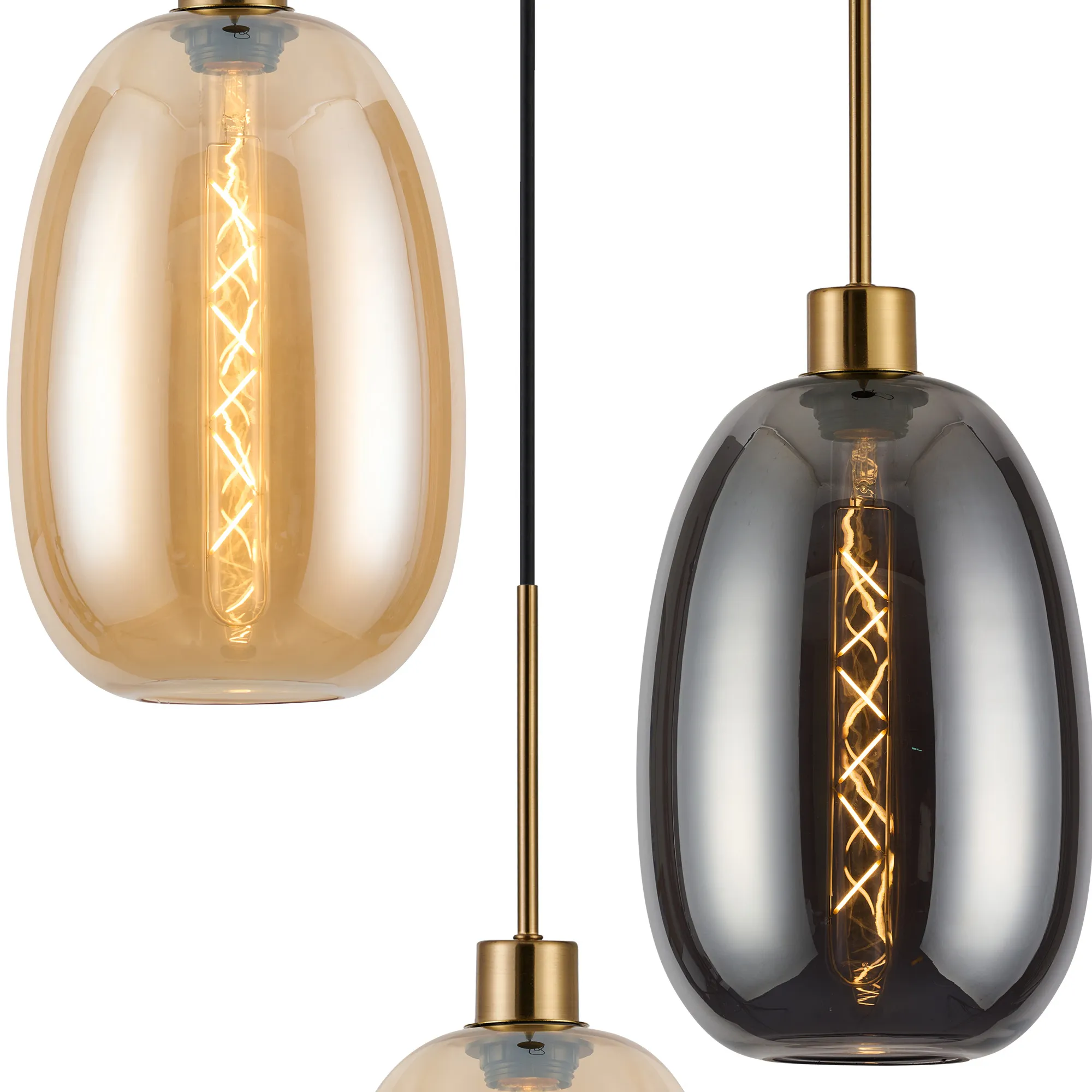 Lori 40cm Round Pendant, 3 Light Adjustable E27, Antique Gold/Amber/Smoke Slim Curved Trapezium Shades DK1176  Deco Lori Antique Gold
